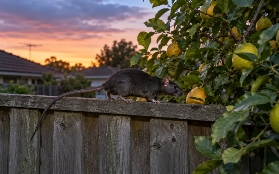 Black rat, also called the roof rat, on a fence beside a lemon tree