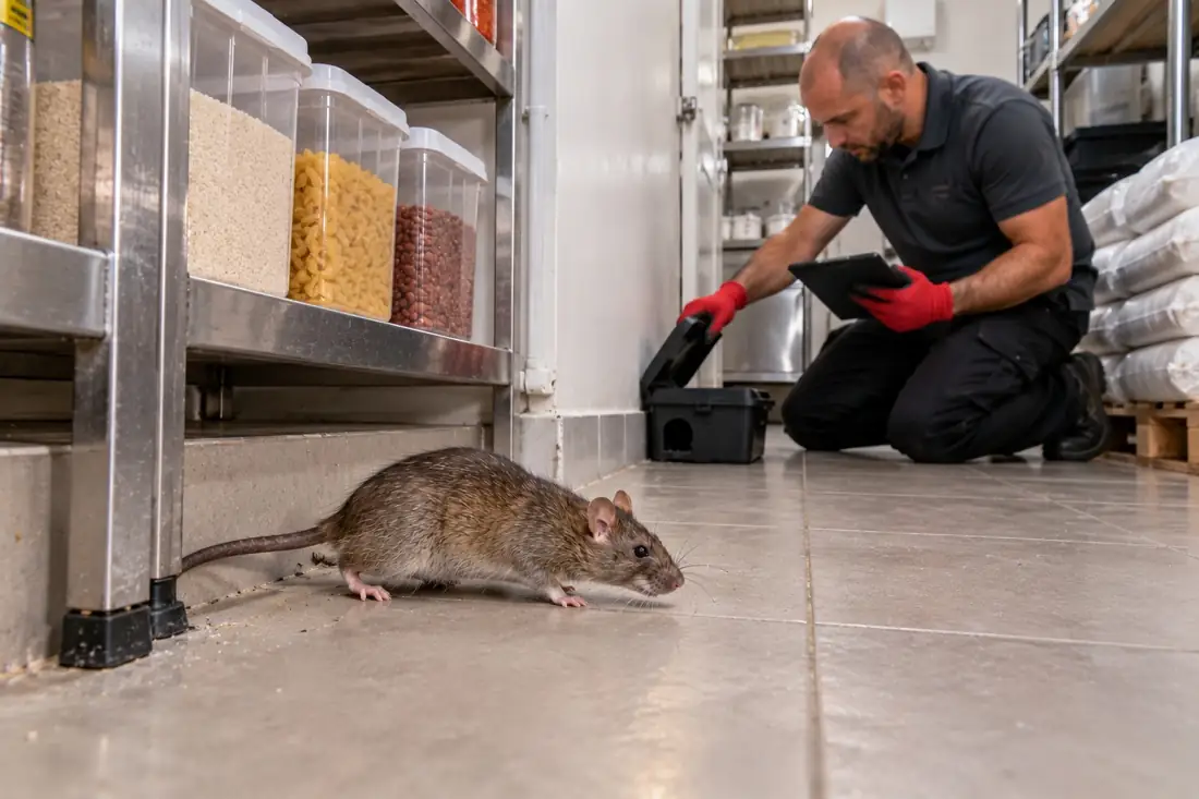 Rat running along the wall of a cafe storeroom while a technician checks a numbered monitoring station