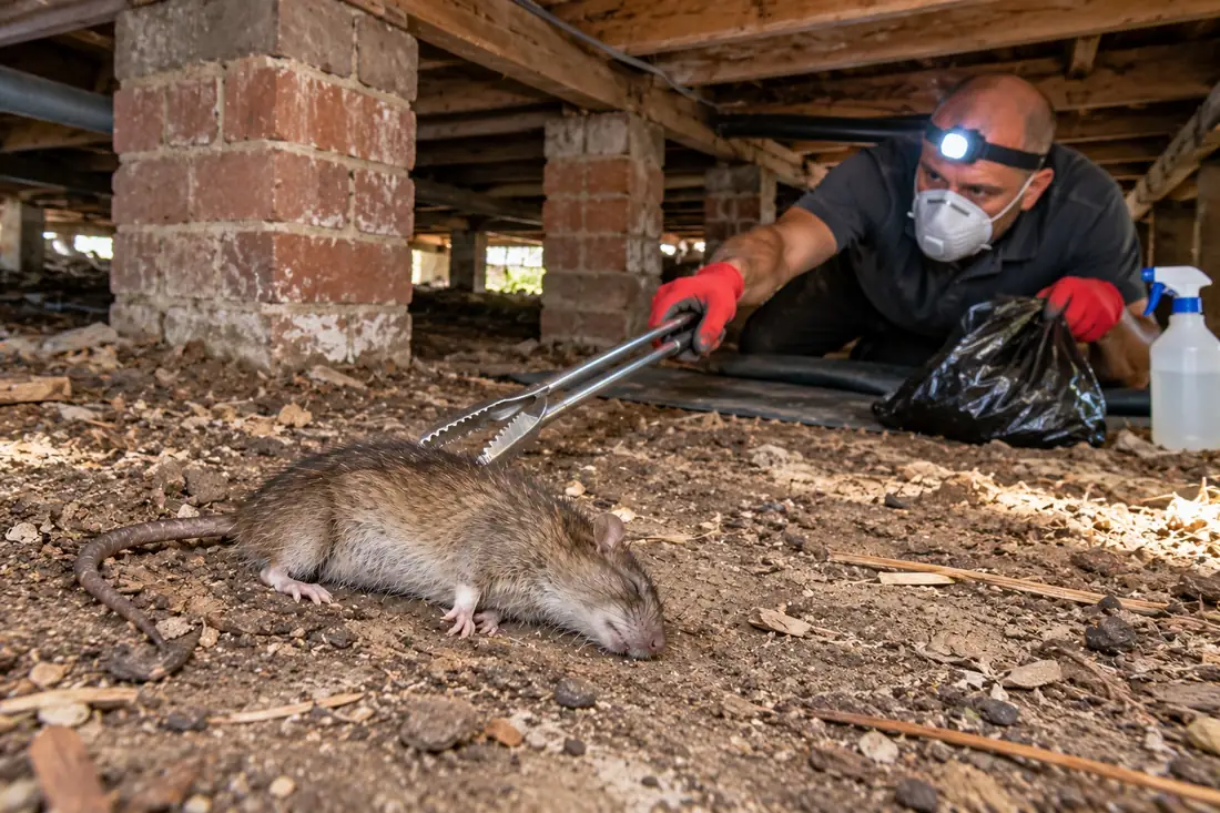 Dead rat in a sub floor crawl space as a technician reaches for it with tongs and a disposal bag