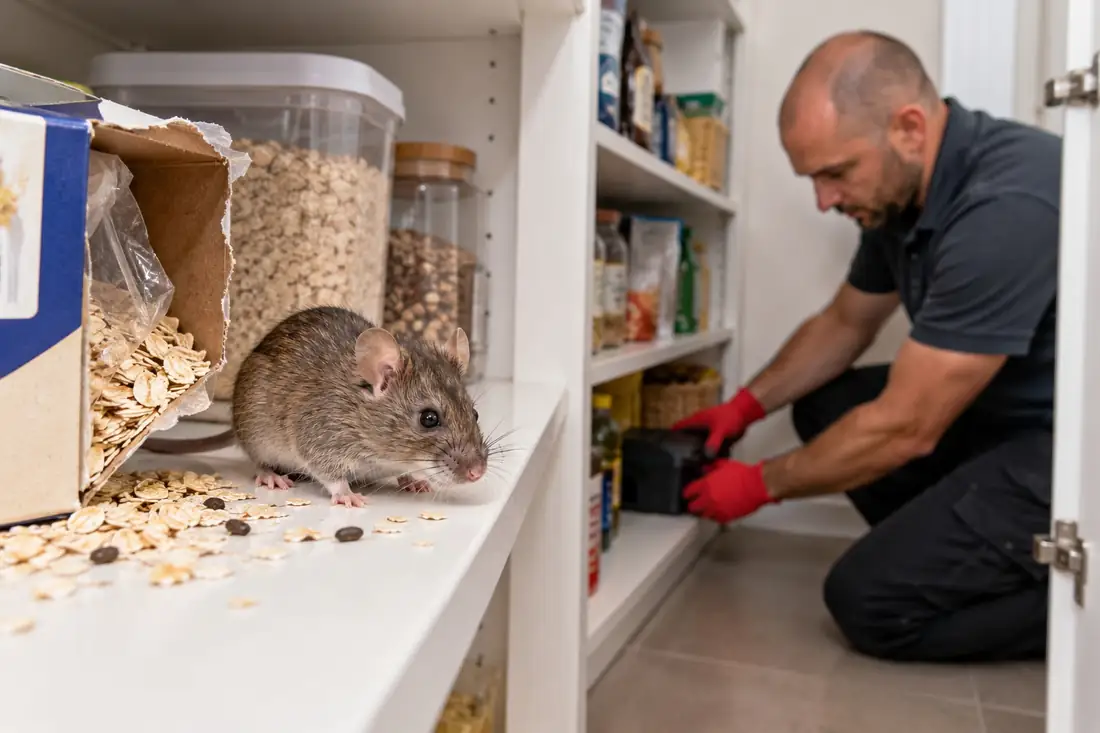 House mouse on a pantry shelf beside spilled oats and droppings while a technician places a mouse bait station