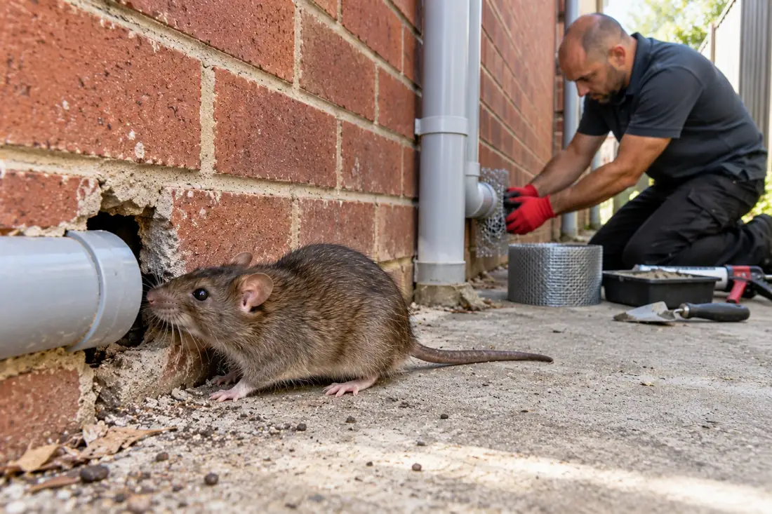 Brown rat at a gap around a pipe in a brick wall while a technician seals another pipe gap with steel mesh
