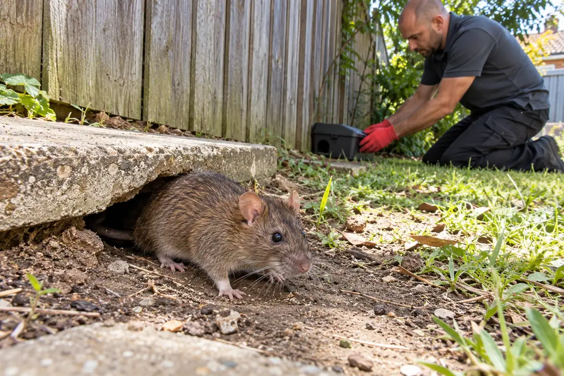 Brown rat at its burrow under a garden path while a technician fixes a lockable bait station to the fence