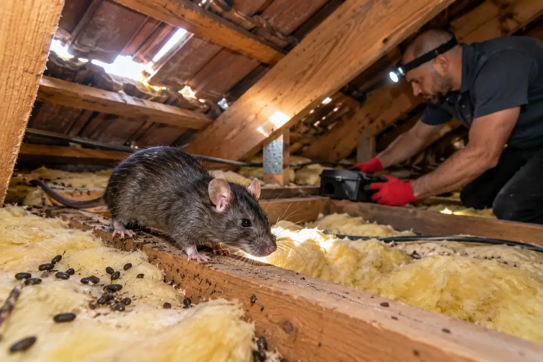 Rat on a ceiling joist beside droppings in a roof space while a technician places a bait station