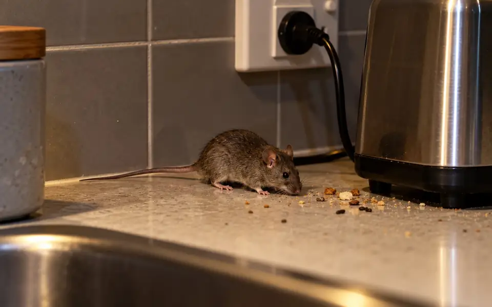 House mouse on a kitchen bench beside crumbs and droppings