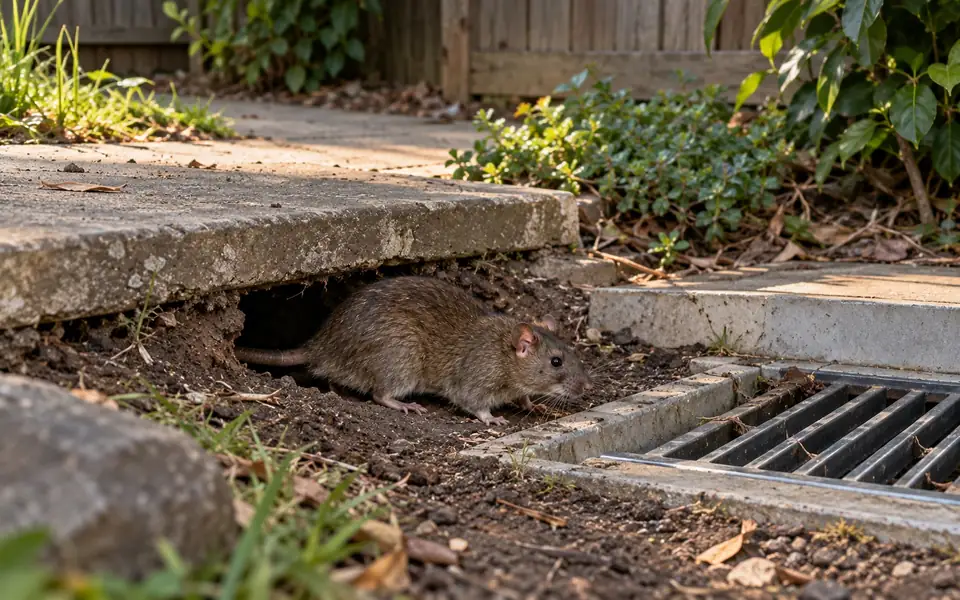 Brown Norway rat at its burrow under a garden path beside a drain