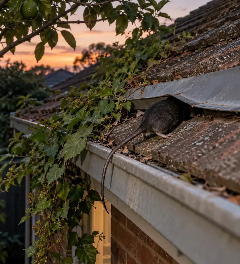 Black rat squeezing under lifted roof flashing at dusk